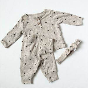 Girls Carter’s 3 Piece Kaki Black Polka Dot Shirt Pants Headband Size 3 Months